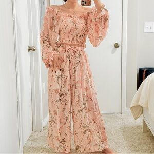 #034 | Smocked Chiffon Balloon Sleeve Blouse & Palazzo Pants Set | Pink | XS/S